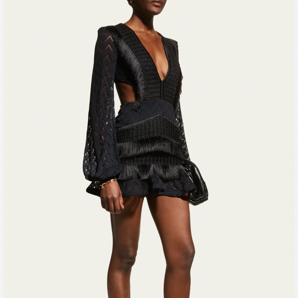 PatBO Black V-Neck Long Sleeve Mini Dress with Fringe